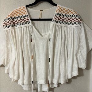 Free People White Cotton Smocked Embroidered Cropped short sleeve, V neck.